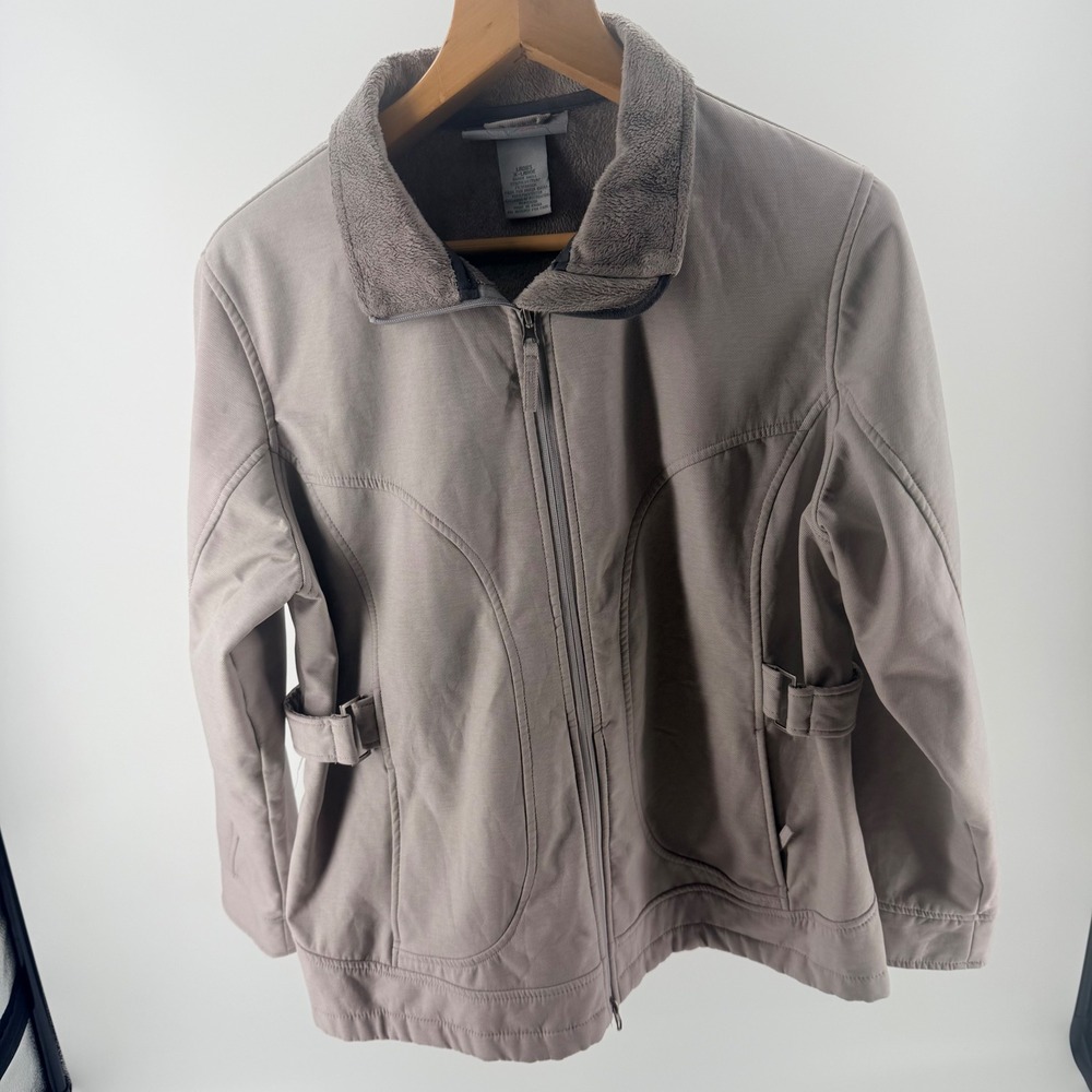 Free Country Womens Softshell Jacket Taupe Gray Faux Fur Fleece Lined Zip-XL